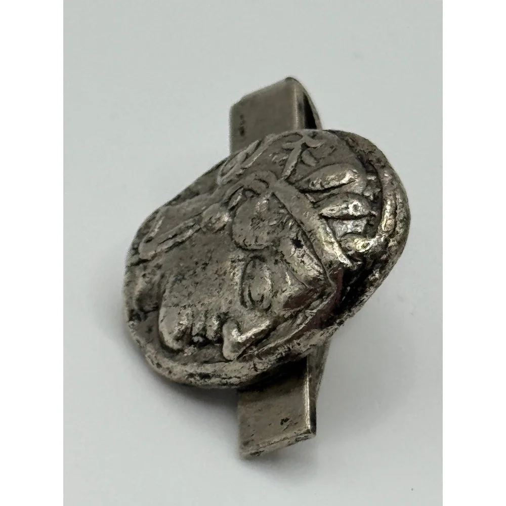 Vintage Tie Clip Greek Faux Tetradrachm Coin Silver Tone